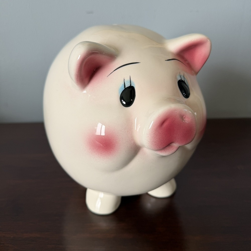 Vintage Large Mid Century Pottery White/Pink Fat Belly Curly Tail Pig Piggy Bank
